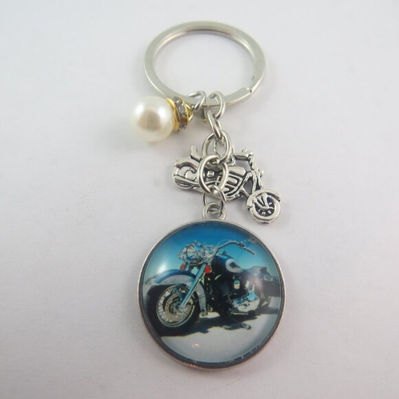 Motorcycle Keychain with Bike Charm Biker Key Ring Pearl Accent Rider Gifts - Picture 4 of 5